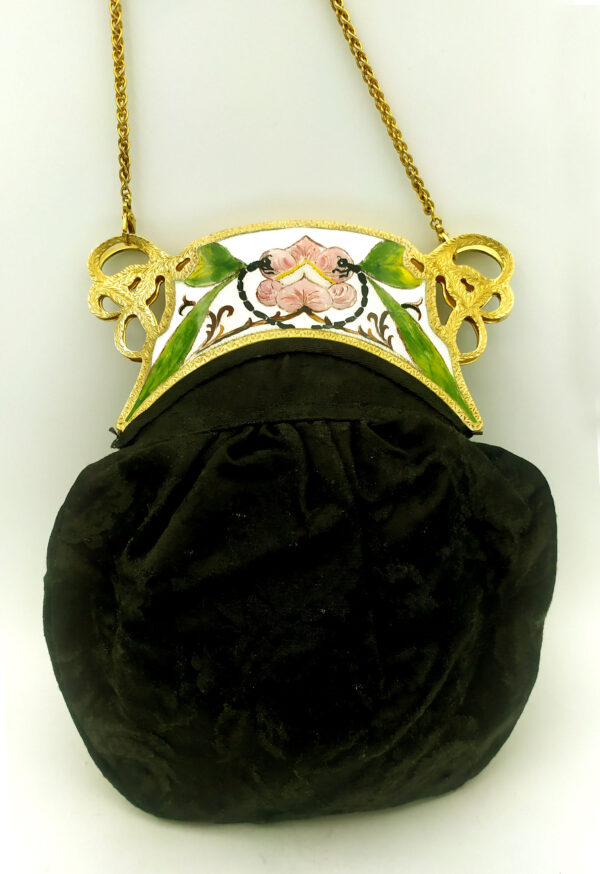 Salimbeni Art Nouveau black satin evening bag with enameled silver zip