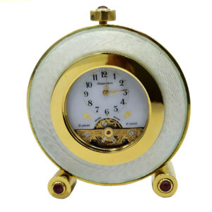 Table Clock Small Round 3 Cabochon Pink Tourmalines Sterling Silver White Enamel
