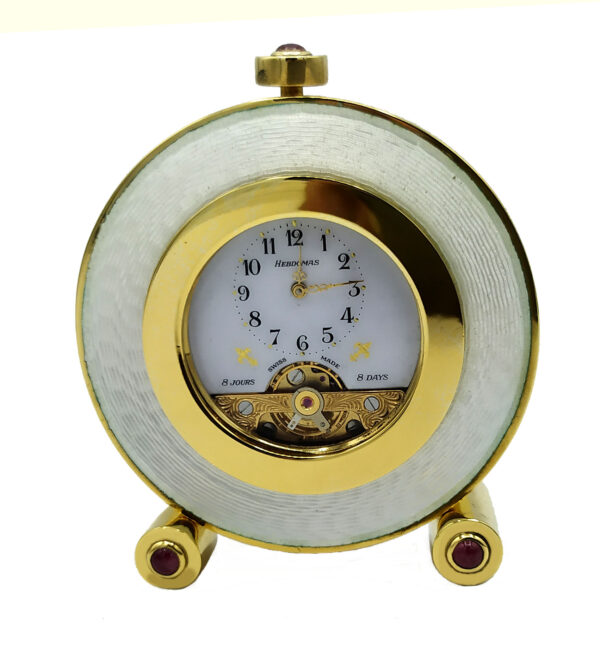 Table Clock Small Round 3 Cabochon Pink Tourmalines Sterling Silver White Enamel