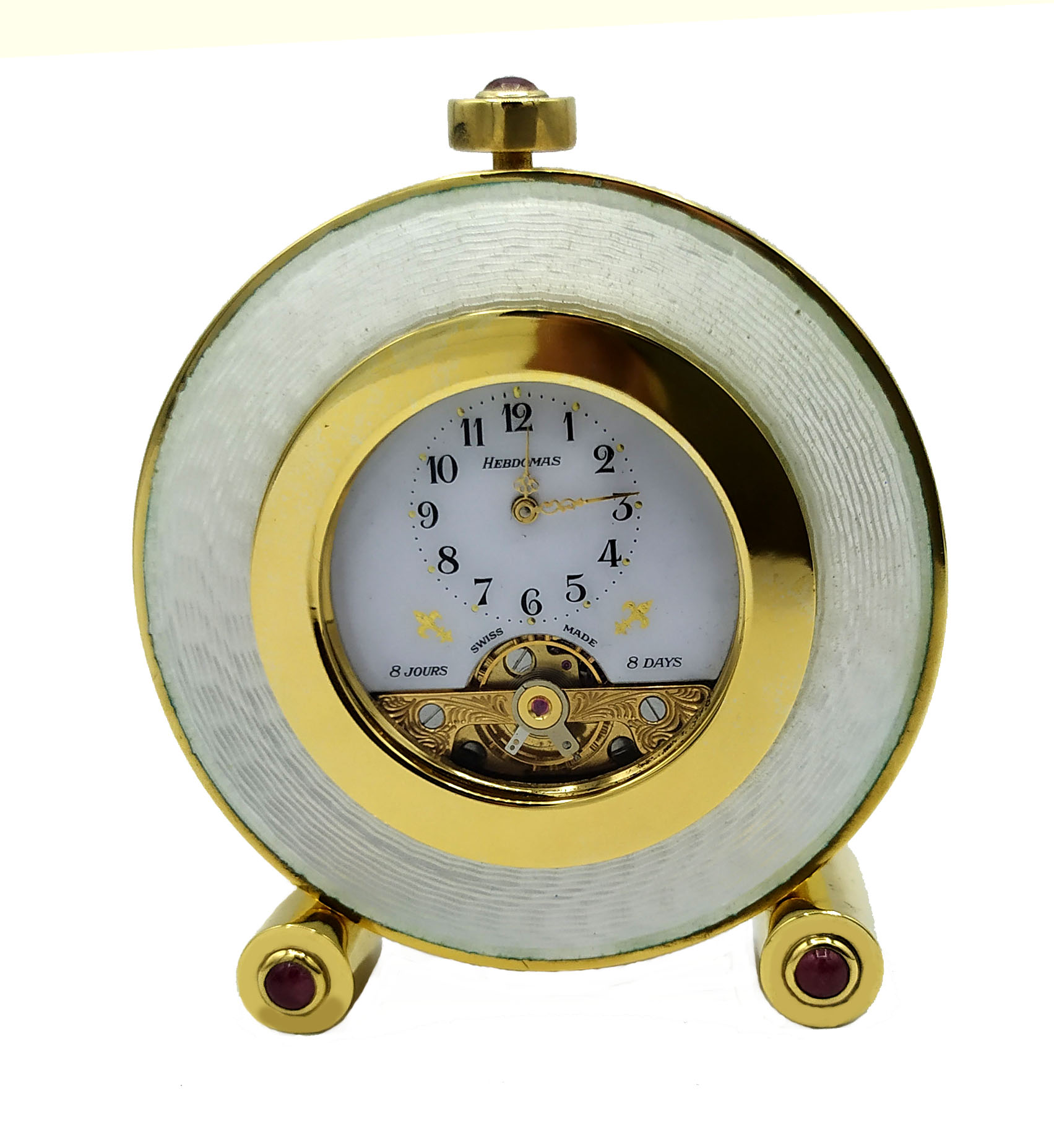 Table Clock Small round 3 cabochon pink tourmalines Sterling Silver White Enamel Salimbeni 1 1