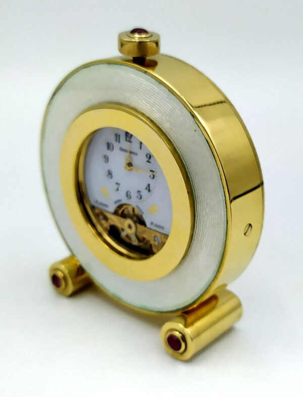 Table Clock Small Round 3 Cabochon Pink Tourmalines Sterling Silver White Enamel - Image 2