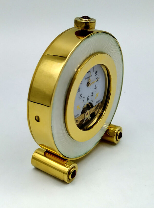Table Clock Small Round 3 Cabochon Pink Tourmalines Sterling Silver White Enamel - Image 3