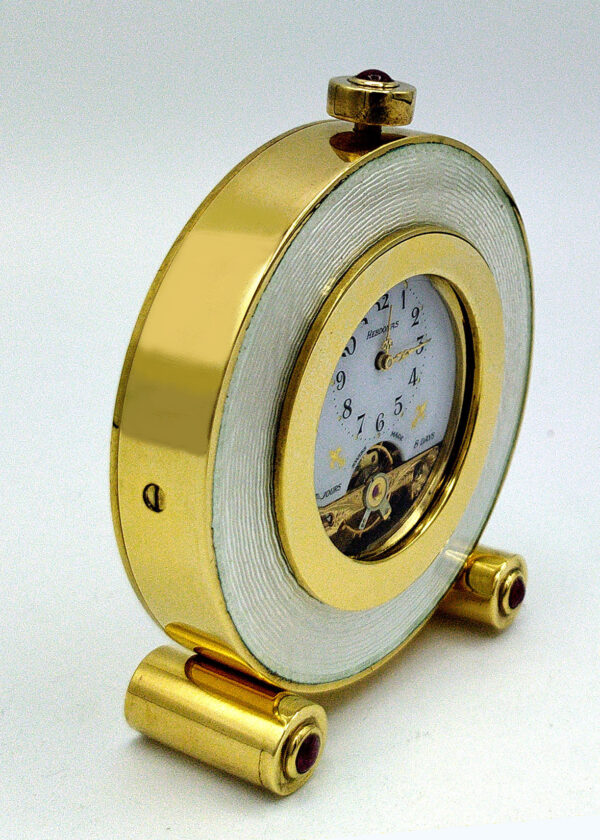Table Clock Small Round 3 Cabochon Pink Tourmalines Sterling Silver White Enamel - Image 4