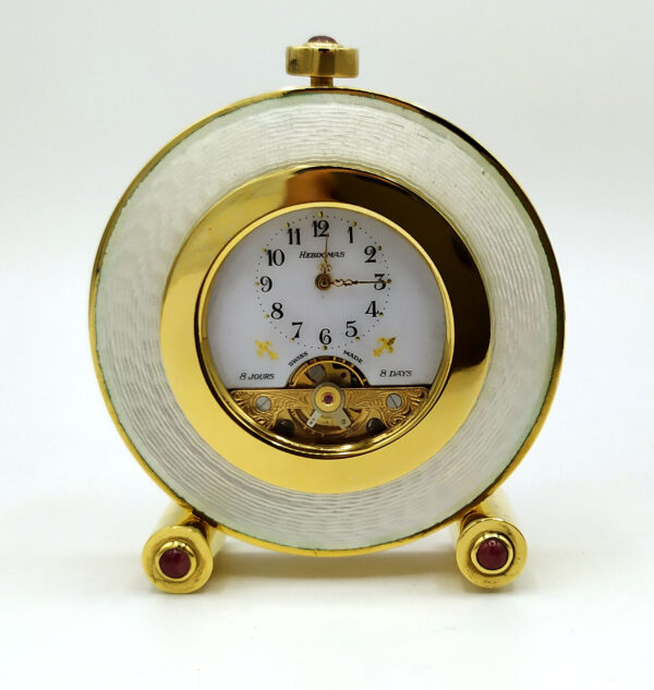 Table Clock Small Round 3 Cabochon Pink Tourmalines Sterling Silver White Enamel - Image 6